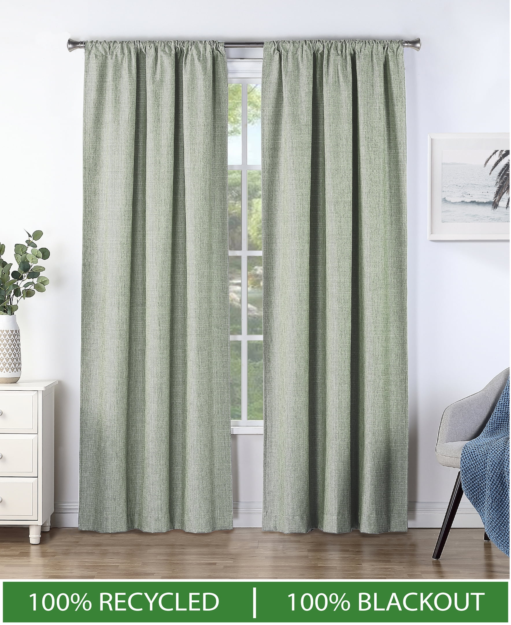 Ecologee Wakefield Textured 100% Blackout Rod Pocket Indoor Curtain Panel Pair, Sage, 37" W x 84" L