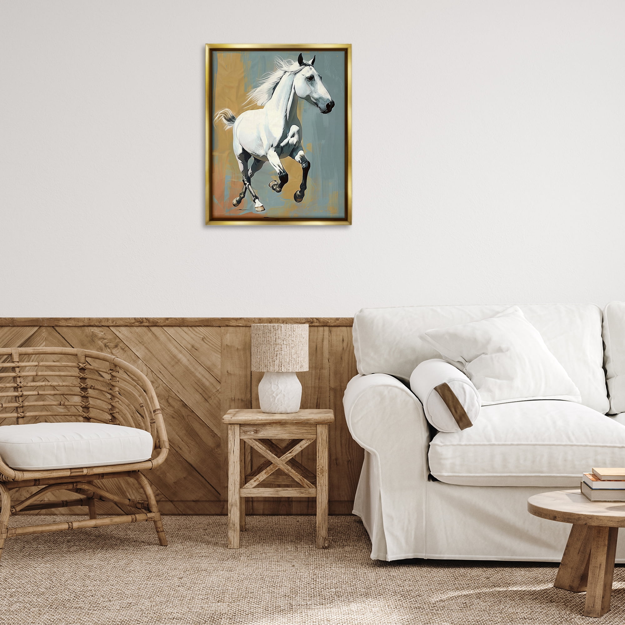 Stupell Industries Elegant Jumping Horse Animals Painting Gold Floater Framed Canvas Art Print Wall Art, 25 x 31