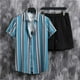 thumbnail image 2 of Conjuntos cortos Cagnkofi para hombre, conjuntos de 2 piezas, chándales de verano, conjunto informal de camisa y pantalones cortos de manga corta con estampado de rayas y botones, 2 of 6