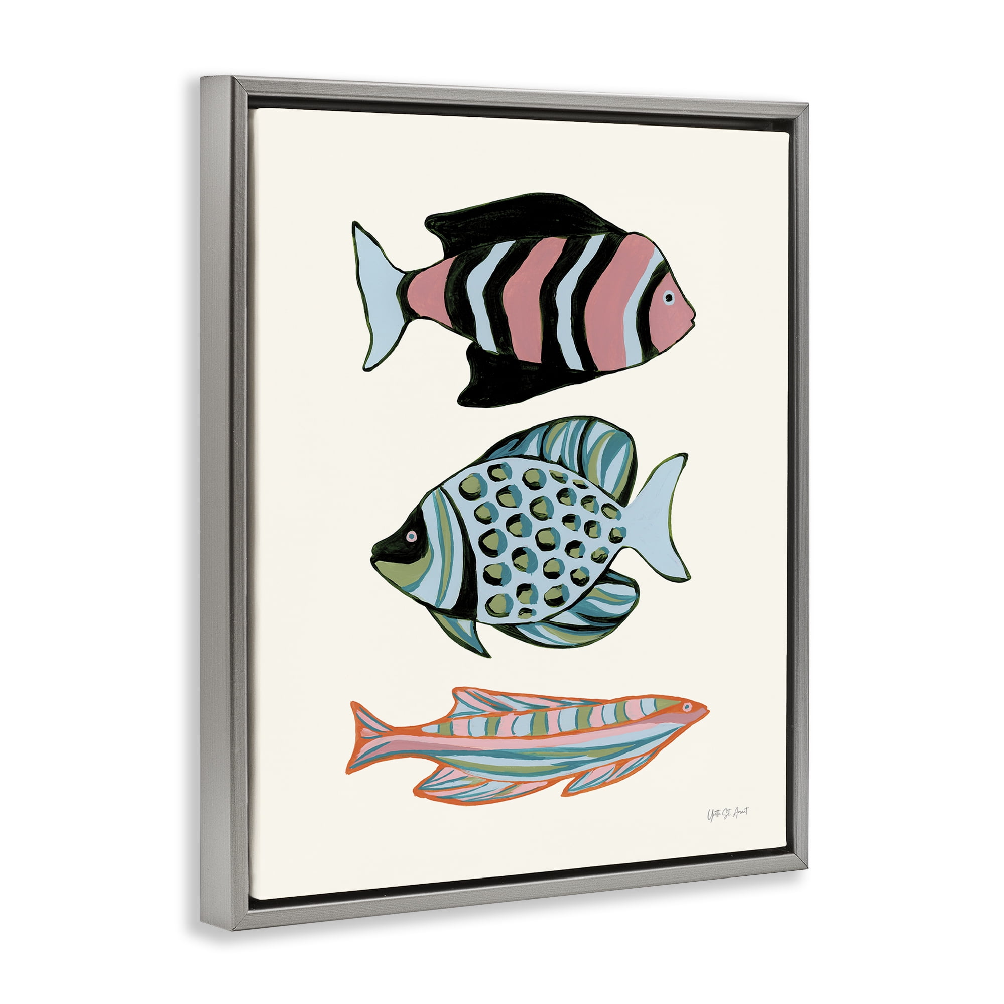 Stupell Industries Tropical Fish Trio Nautical & Beach Painting Gray Floater Framed Canvas Art Print Wall Art, 17 x 21