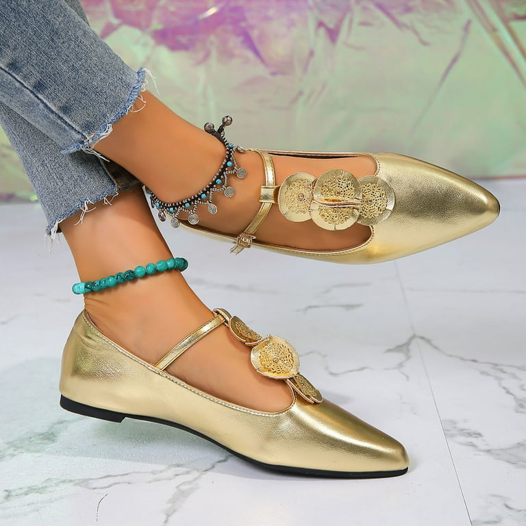 PLLFRLRT Vintage Mary Jane Flat Shoes for Women T Strap Golden Pointed Toe Ballet Flats Shoes Slip on Comfortable Dressy Flats Shoes Gold 8 Walmart