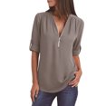 thumbnail image 1 of Pompotops Chemises d'Été pour Femmes Tunique Décontractée à Fermeture Éclair Blouse Roulable Col en V T-Shirt, 1 of 6