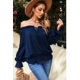 thumbnail image 1 of ABPHQTO Blusa azul marino con hombros descubiertos y manga abullonada con volantes para mujer, 1 of 5