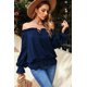 thumbnail image 1 of ABPHQTO Blusa azul marino con hombros descubiertos y manga abullonada con volantes para mujer, 1 of 5