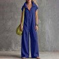 thumbnail image 5 of Women's Lightweight Stand Collar Zip Up Jumpsuits Short Sleeve Baggy Wide Leg Palazzo Rompers with Pockets Daily Casual Overalls Blue, 5 of 6