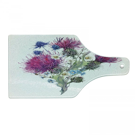 Dragonfly Cutting Board, Summer Natural Meadow Herbs Bouquet Wild Thistles Chamomiles Watercolor Boho Art, Tempered Glass Cutting and Serving Board, Wine Bottle Shape, Multicolor, by Ambesonne