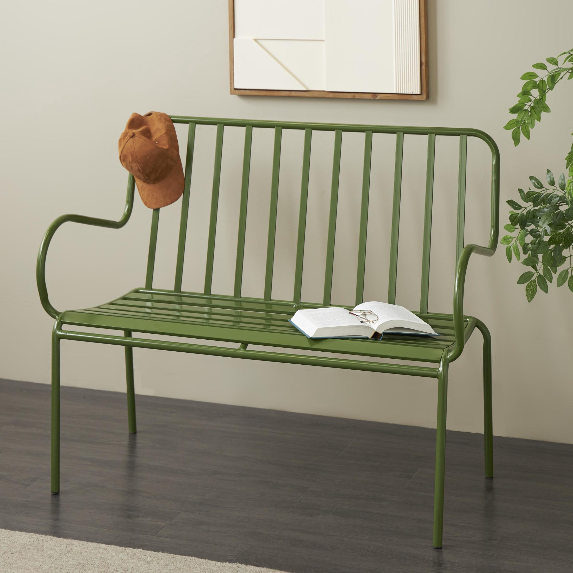 DecMode Metal Slatted Outdoor Bench with Curved Armrests, Green