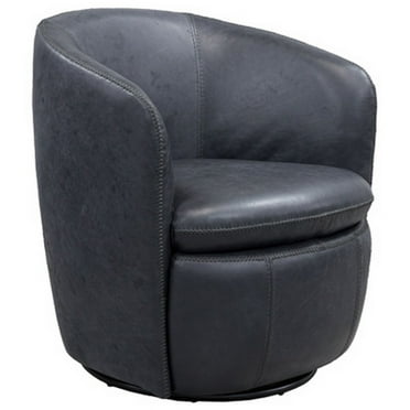Benjara Niko Swivel Accent Chair, Round Barrel Design, Dark Blue Top Grain Leather