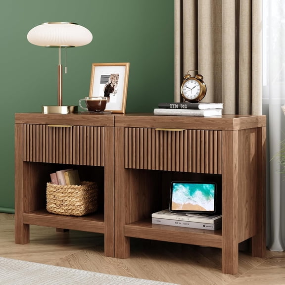 JZXSHD Nightstand Set of 2, End Table with 2 Drawers, Modern Bed Side Table with Storage, Farmhouse Fluted Cabinet Bedside Cabinet for Bedroom Living Room Sofa Couch Office (Walnut-2)