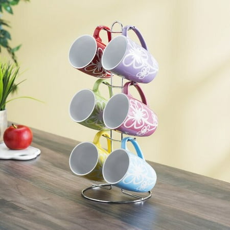 6-Piece Mug Set with Stand, Floral (Best Way To Store Coffee Mugs)