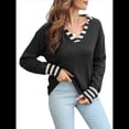 thumbnail image 3 of Suéter de Punto de Corte Regular con Cuello Marinero, Puños y Cuello en V A Rayas para Mujer Negro L, 3 of 8