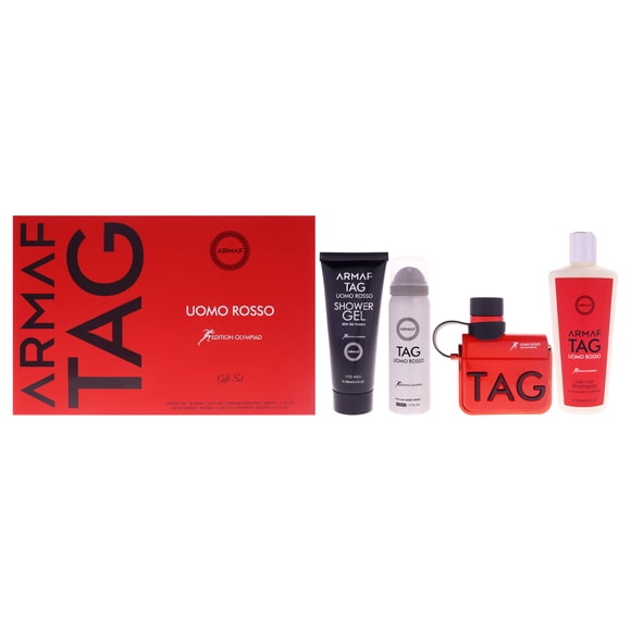 Tag Uomo Rosso Edition Olympiad par Armaf pour Hommes - Coffret Cadeau 4 Pcs Vaporisateur EDP 3,4 Oz, Gel Douche 3,4 Oz, Shampoing 8,4 Oz, Vaporisateur pour le Corps 1,7 Oz