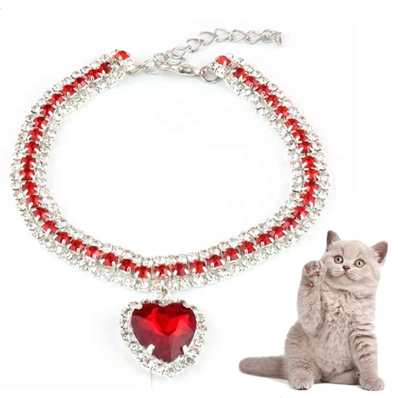 Feelers Cat Collar Necklace with Heart Rhinestone Pendant, Adjustable Shine Pet Necklace Costume Accessories for Wedding Birthday Party, Pet Necklace for Kittens Puppy Small Dog, Red, S