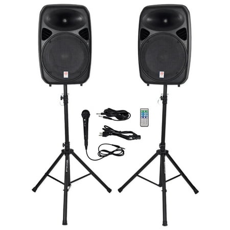 Rockville RPG152K Dual 15 inch Powered Speakers /Bluetooth+Mic+ Speaker Stands+Cables