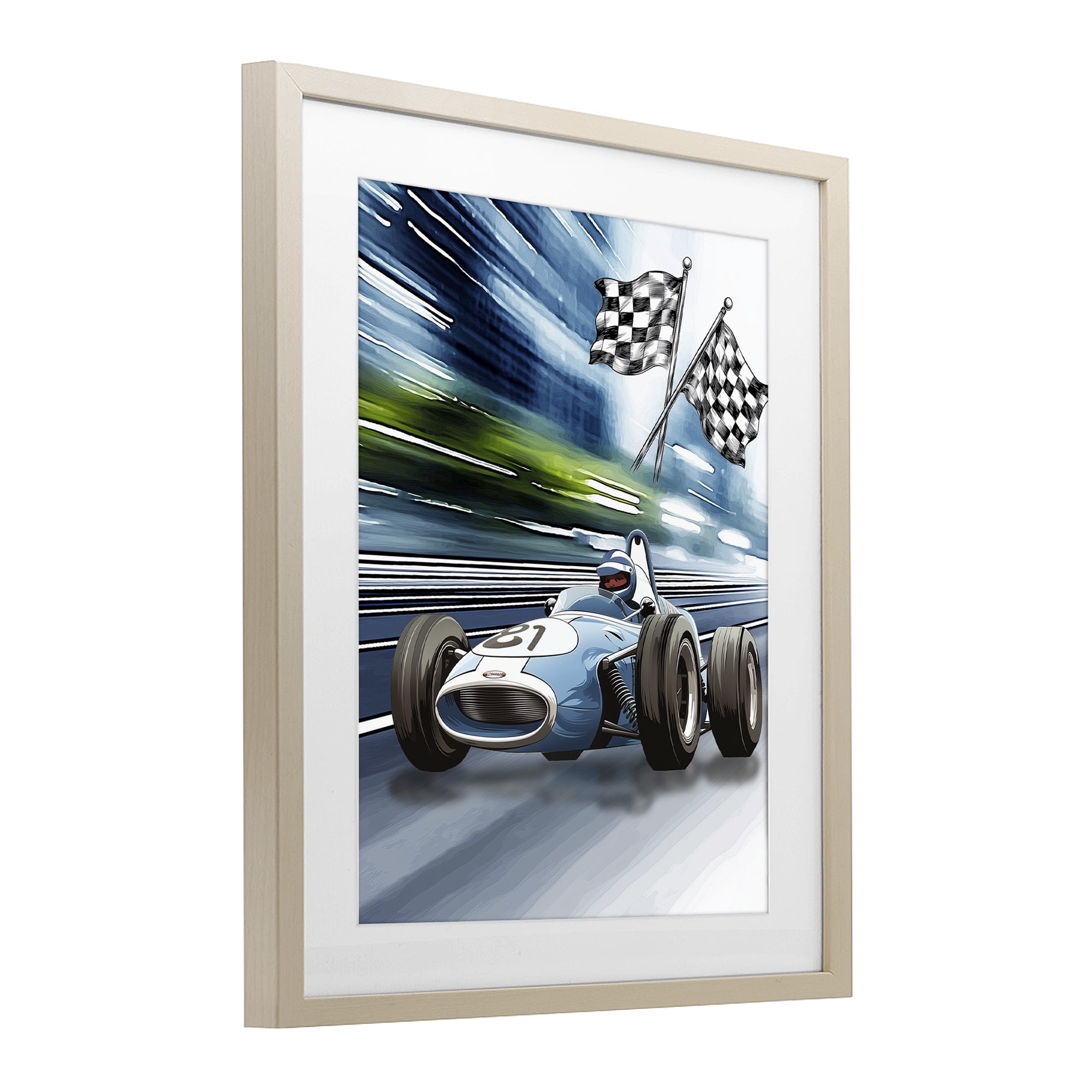 Stupell Industries Speedy Racecar with Flags Birch Framed Print Under Glass, design by Christine Simpson Art