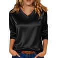 thumbnail image 2 of Women's Silk Satin Blouse Dressy Casual V Neck 3/4 Length Sleeve Tops Business Work Shirts Black M, 2 of 7
