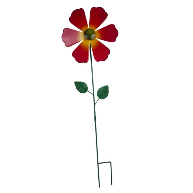 jinwen Metal Flower Decorative Garden Stake Windspinner for Patio Planter Pot Porch Red