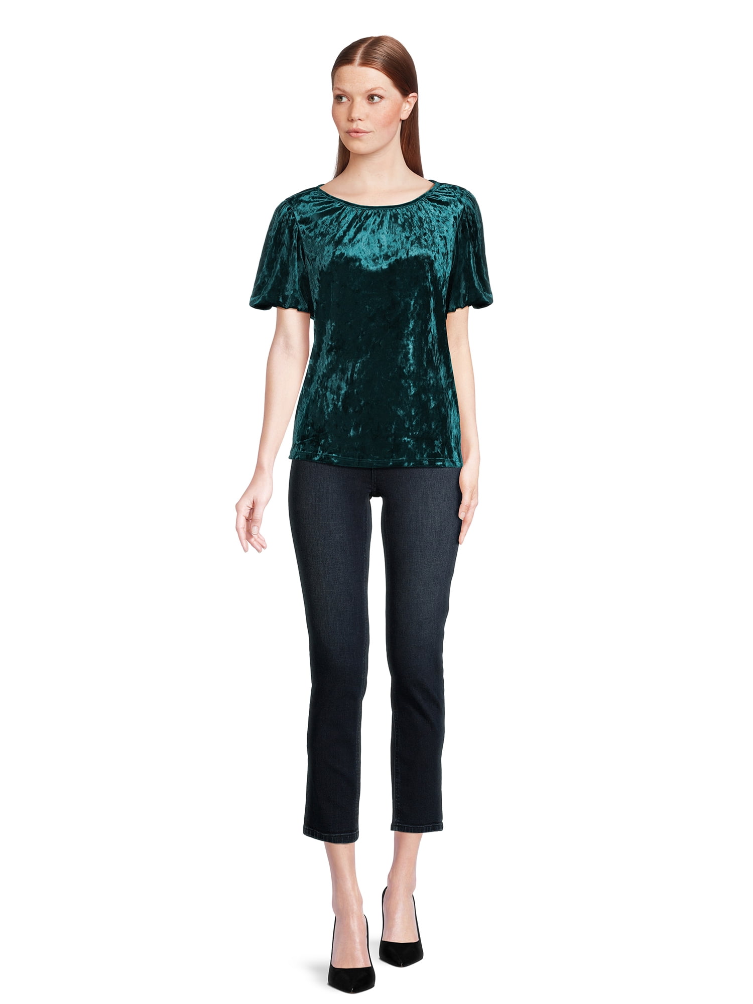 Time and Tru Women's Crushed Velvet Top with Short Sleeves, Sizes XS-XXXL