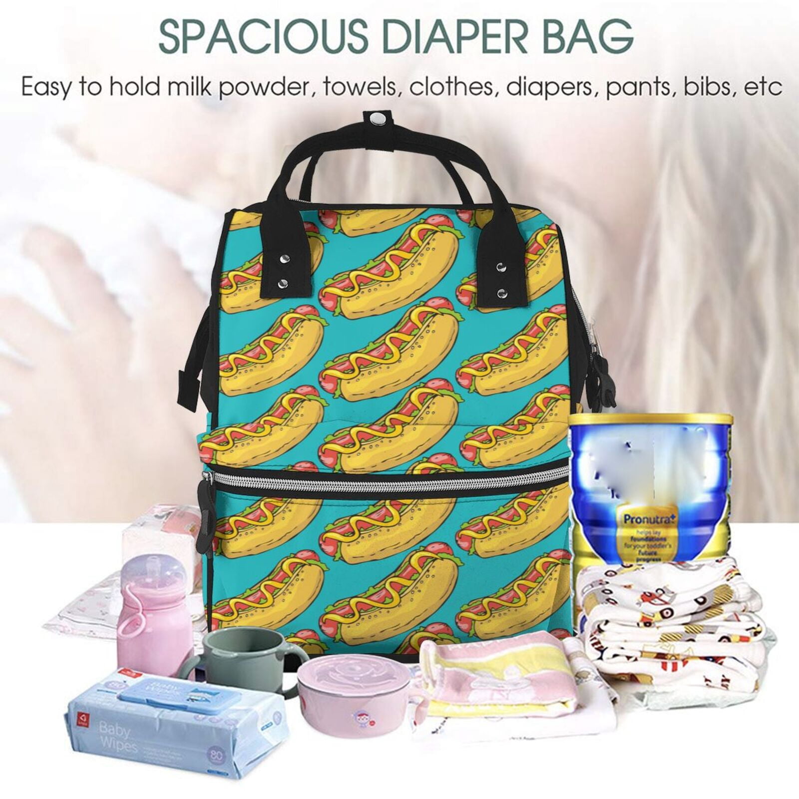 Ratiio Hot Dogs 8 Mummy Backpack - Waterproof Twill Canvas, Large Capacity Diaper Bag with Multiple Pockets and Adjustable Straps