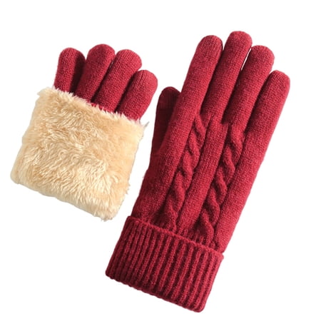 Xfvqtps Women Knit Gloves with Plush Lined Warm Winter Gloves Rib Thickened Cozy Soft Stretchy Extended Mittens for Women Red