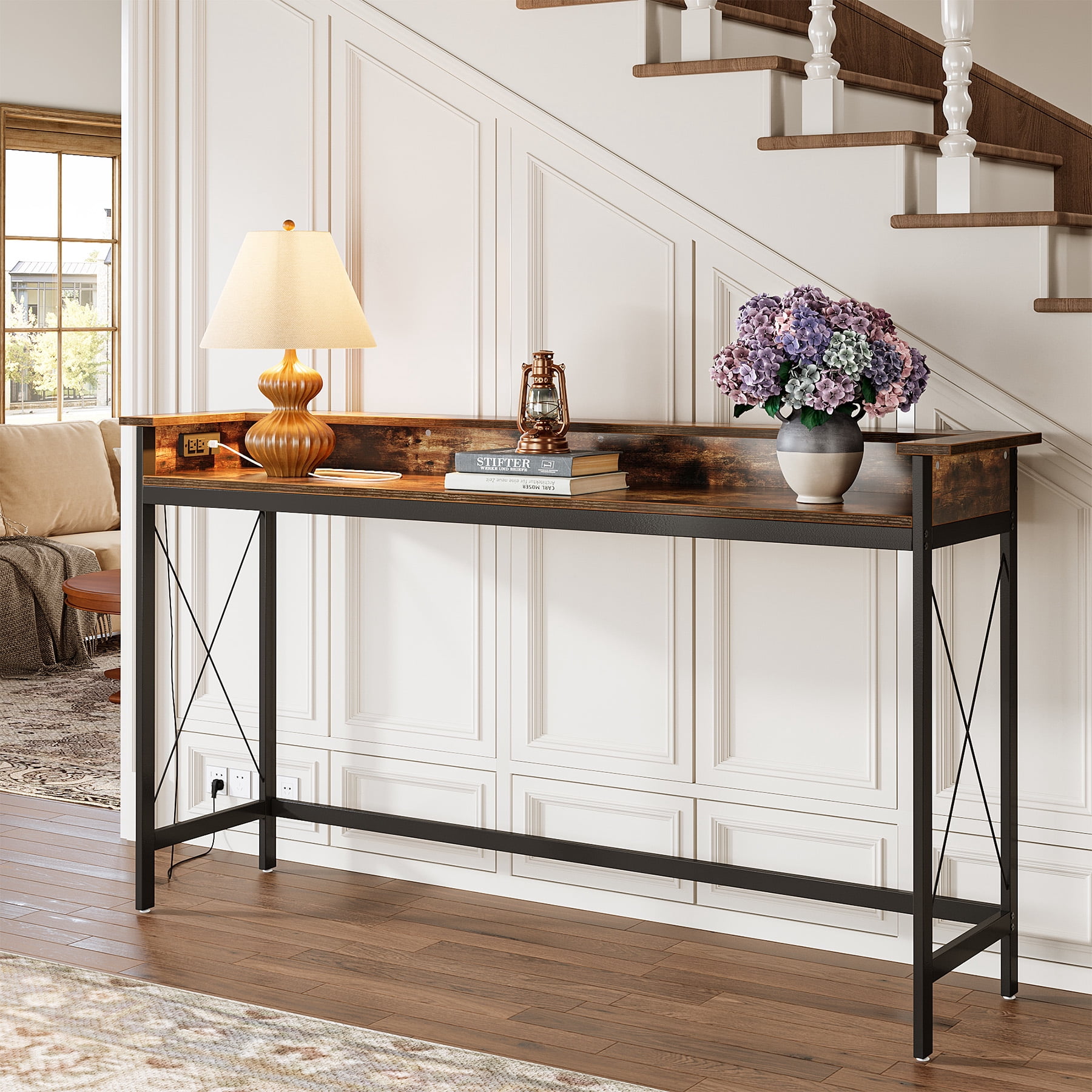 Tribesigns Industrial Sofa Table, 70.9" Long Console Table with Outlets and USB Ports for Entryway, Living Room, Brown