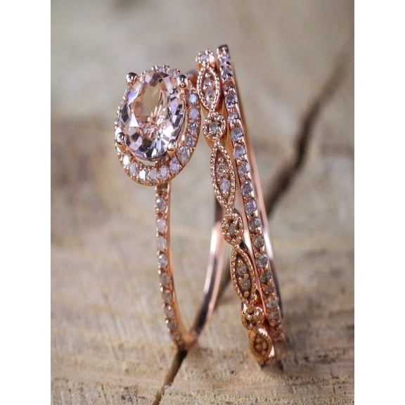 Sale 2 Carat Antique Milgrain Round Morganite And Diamond Moissanite Trio Ring Set In 10K Rose Gold With One Halo Engagement Ring And 2 Wedding Bands