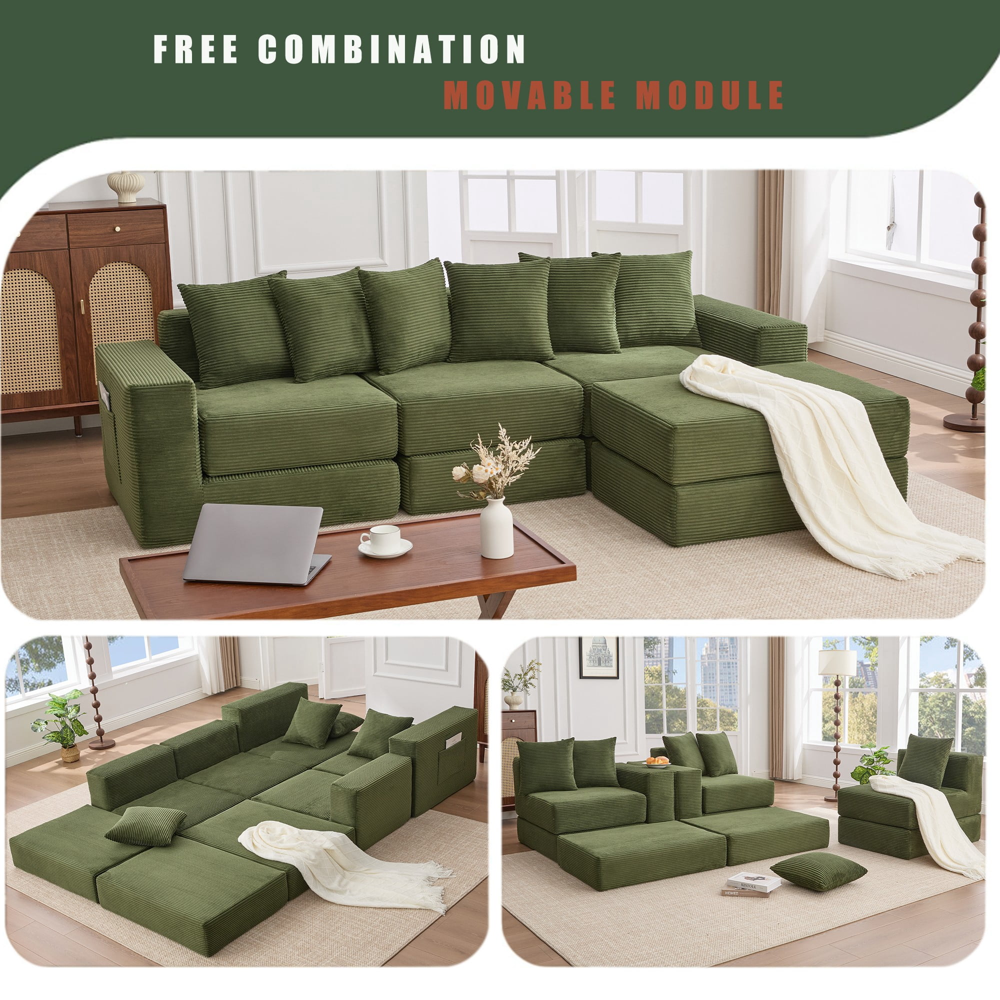 Leumius Convertible Sectional Sofa,Corner Couch,Convertible Floor Sleeper Sofa,10-in-1 Corduroy Modular Sofa,Free Combination Sofa,No Assembly,6 Pillows,Green