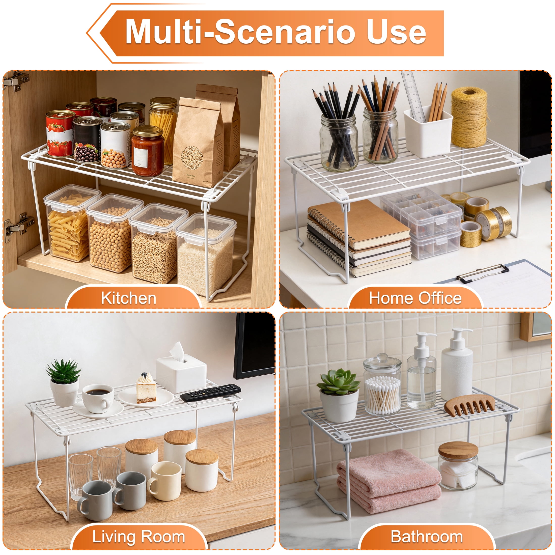 CISILOV Foldable Metal Wire Cabinet Organizer Shelf, Stackable Counter Storage Rack, No‑Assembly Rust‑Proof Storage Shelves for Kitchen Cupboard, Pantry, Bathroom, Desk