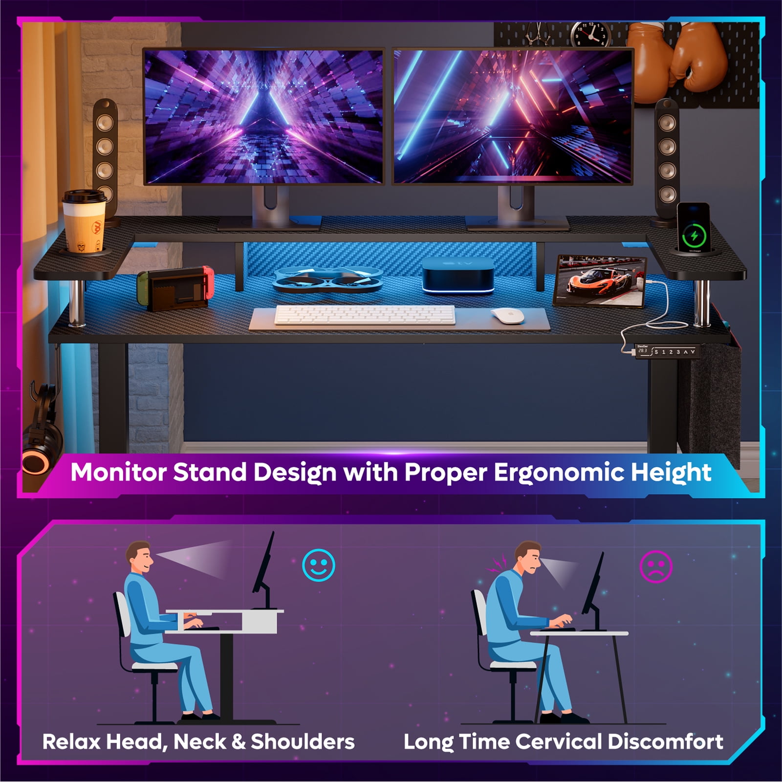 Bestier 58"x27" Gaming Electric Height Adjustable Standing Desk Stand up Desk with Monitor Shelf & LED Lights in Carbon Fiber