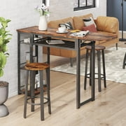 Bestier 3 Piece Bar Dining Pub Table and Chairs Set with Storage Shelves Counter Height Home Kitchen Rustic