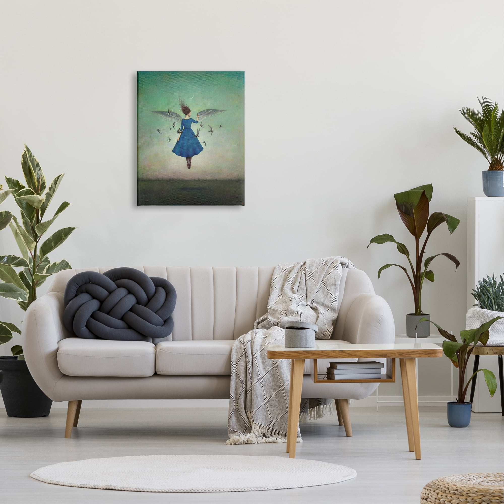 The Stupell Home Decor Beauty and Birds at Night Blue and Teal Illustration Canvas Wall Art