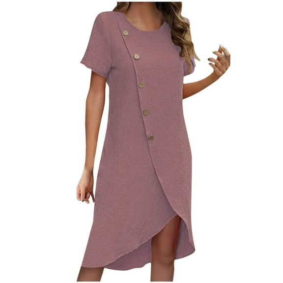 Casual Summer Dresses For Women Sevevn Women's Fashion Casual Solid Color Button Round-Neck Irregular Dress
