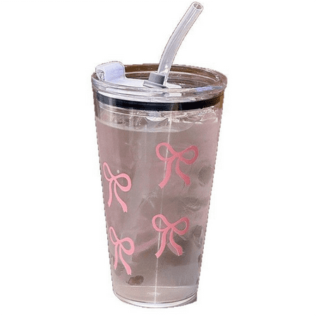 450ml Pink Plastic Cup Transparent Cup with Straw and Lid Milk Coffee Beverage Cup Home Travel Drinking Cup,1 x cup,As Shown