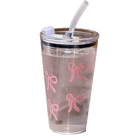 450ml Pink Plastic Cup Transparent Cup with Straw and Lid Milk Coffee Beverage Cup Home Travel Drinking Cup,1 x cup,As Shown