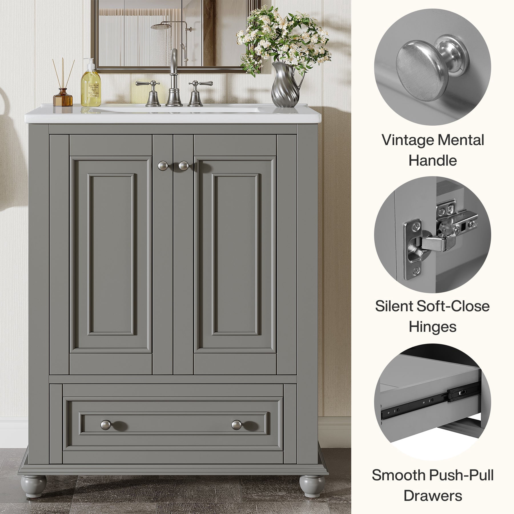 Fnova 24" Bathroom Vanity with Ceramic Sink Combo Freestanding Bathroom Storage Cabinet with 2 Doors 1 Drawer Solid Wood Frame Soft Close Hinges Waterproof Coated Surface for Small Bathroom