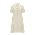 thumbnail image 4 of Ashirexll Womens Summer Dresses, Flowy Dresses for Women, Linen Look Solid Color Turn Down Collar Short Sleeve Button Dress, 4 of 6