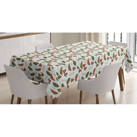 Watermelon Tablecloth, Hand Drawn Doodles of Juicy Fruit Slices, Rectangle Satin Table Cover Accent for Dining Room and Kitchen, 60" X 90", Coral Olive Green, by Ambesonne