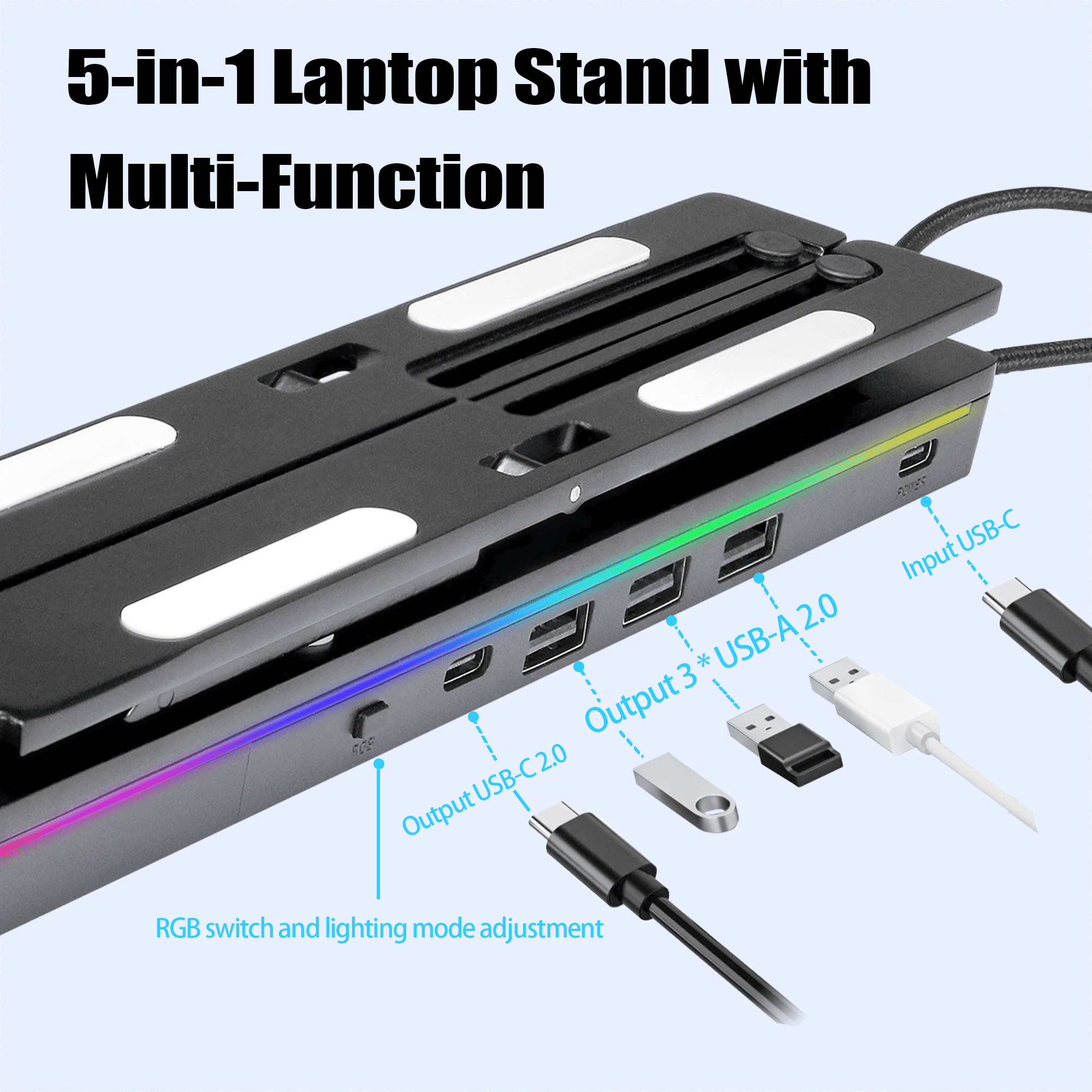 TIKBBRMG Laptop Docking Station Stand, Portable USB C Hub 5 in 1 Multiport Adapter with 3 USB Ports and Storage Bag, 12 Levels RGB Light Universal Dock Station for MacBook Pro/Air/HP/Surface/Lenovo