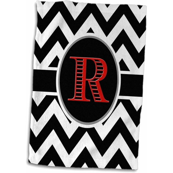 KLYNE- Black White Chevron Monogram Red Initial R Towel 15 x 22 Inches