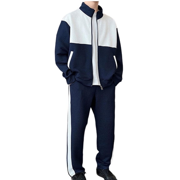 Color Block Tracksuit Sets for Men Full Zip Stand Collar Casual Jackets Running Athletic Sportswear 2 Piece