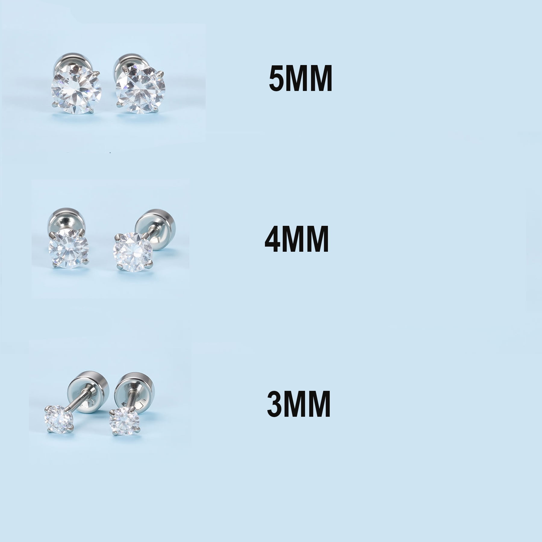 Moissanite Stud Earrings, Implant-Grade Titanium Screw-Back, Single Diamond Design, Unisex, Sparkling, Ideal for New Piercings, 3mm/4mm/5mm
