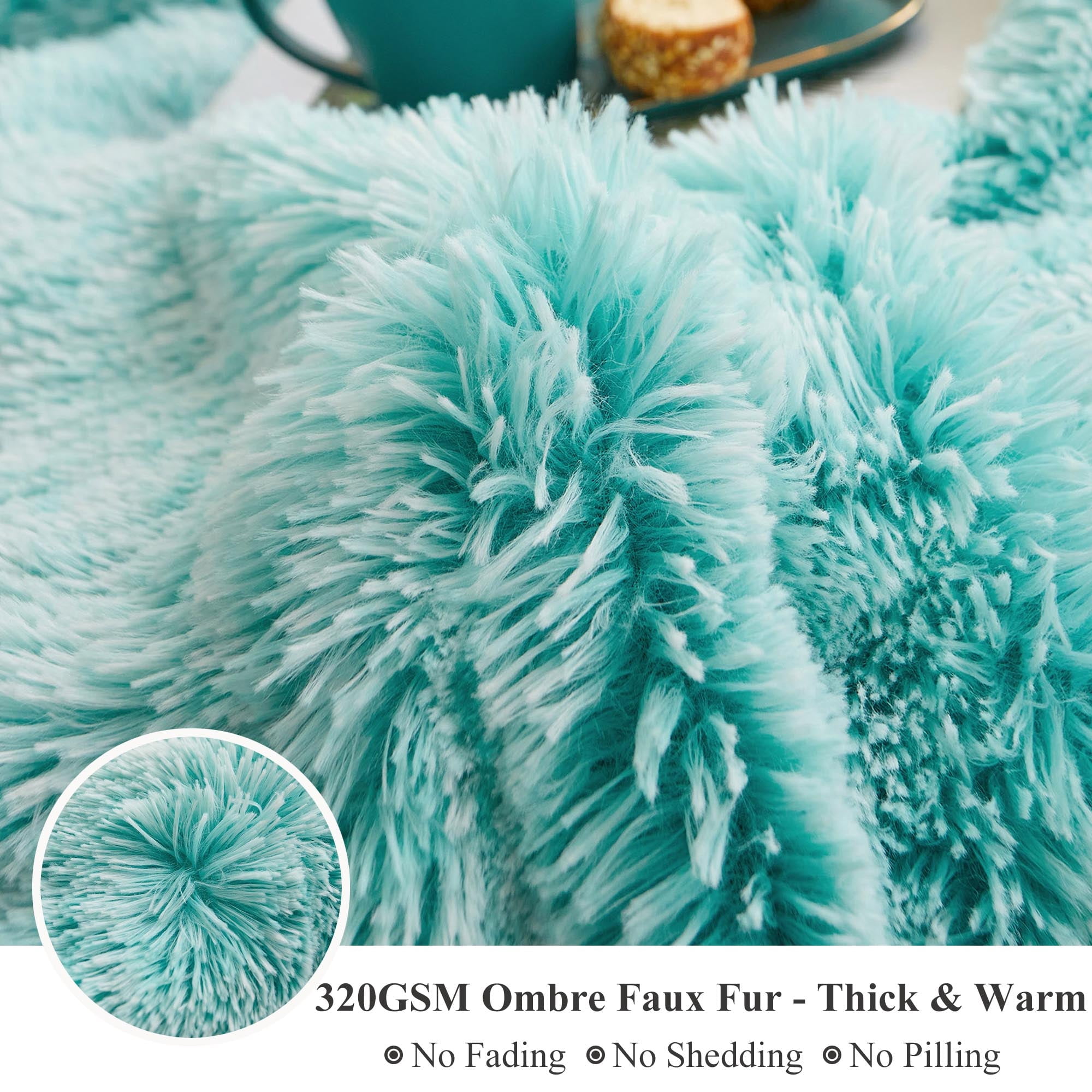 XeGe Luxury Plush Shaggy Duvet Cover Set, Soft Faux Fur Fuzzy Comforter Cover Set, 3 Pieces Fluffy Bedding Sets(1 Furry Duvet Cover + 2 Throw Pillow Shams), Zipper Closure, Queen Size, Aqua Ombre