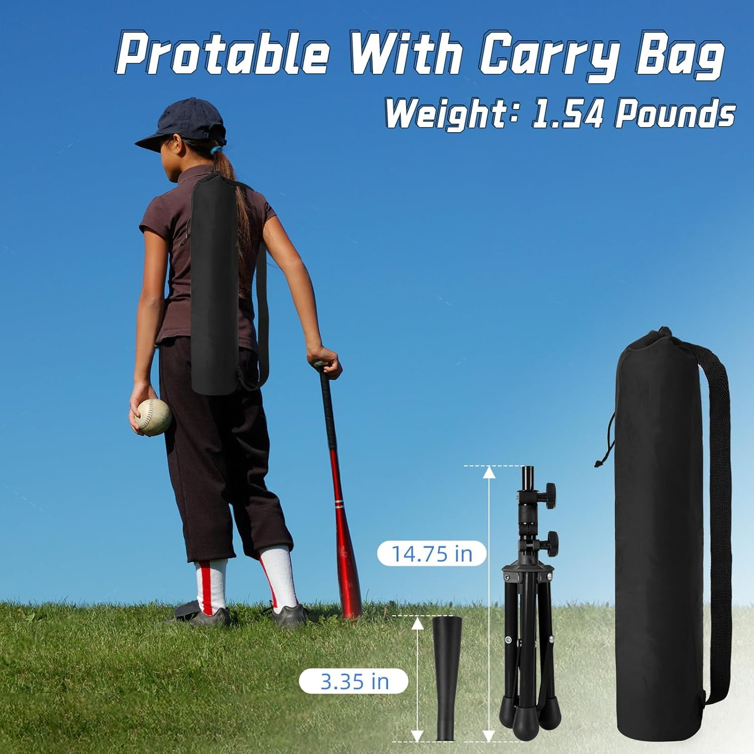 Baseball Tee For Kids, Easy Adjustable Batting Tee From 20.85 to 31.30 Inches. Black Foldable Baseball Tees for Hitting with Portable Bag. Softball Tee for Children Aged 3-10 Baseball Training