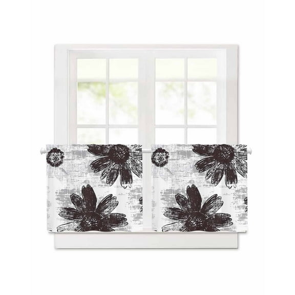 Black Floral Short Blackout Curtains 30Inch Long Vintage Flowers Rod Pocket Kitchen Curtains, 2 Panels Thermal Insulated Room Darkening Drapes for Bedroom, 30"W x 30"L
