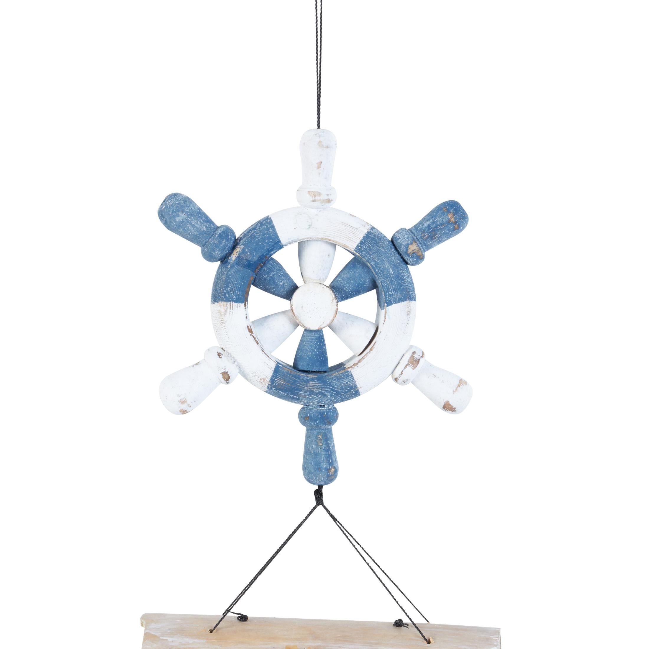 DecMode 36" Blue Bamboo Wood Handmade Ship Wheel Windchime with Log Chimes