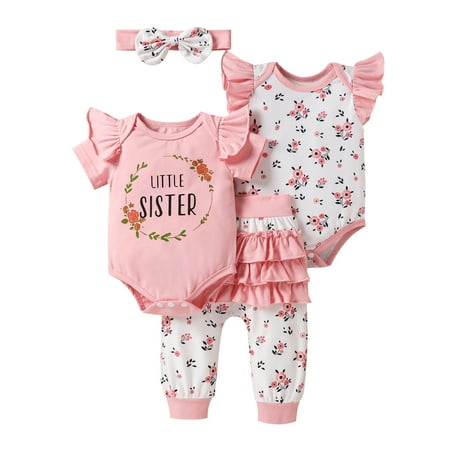 

Sunisery Toddler Infant Bbay Girls Floral Rompers Ruffle Pants Bowknot Headband 4pcs Outfits Set Pink 18-24 Months