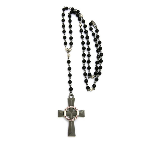 Veriteas Aequitas Cross Pendant w/ 6mm 30" Black Glass Stone Bead Necklace, Hematite-Tone RC2587