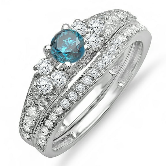 Dazzlingrock Collection 1.00 Carat (ctw) 14k Round Blue And White Diamond Ladies Bridal Engagement Ring Matching Band Set 1 CT, White Gold, Size 7