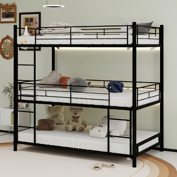 Morufur Twin over Twin over Twin Triple Bunk Bed with Built-in Ladder and Safety Guardrail for Bedroom, Black