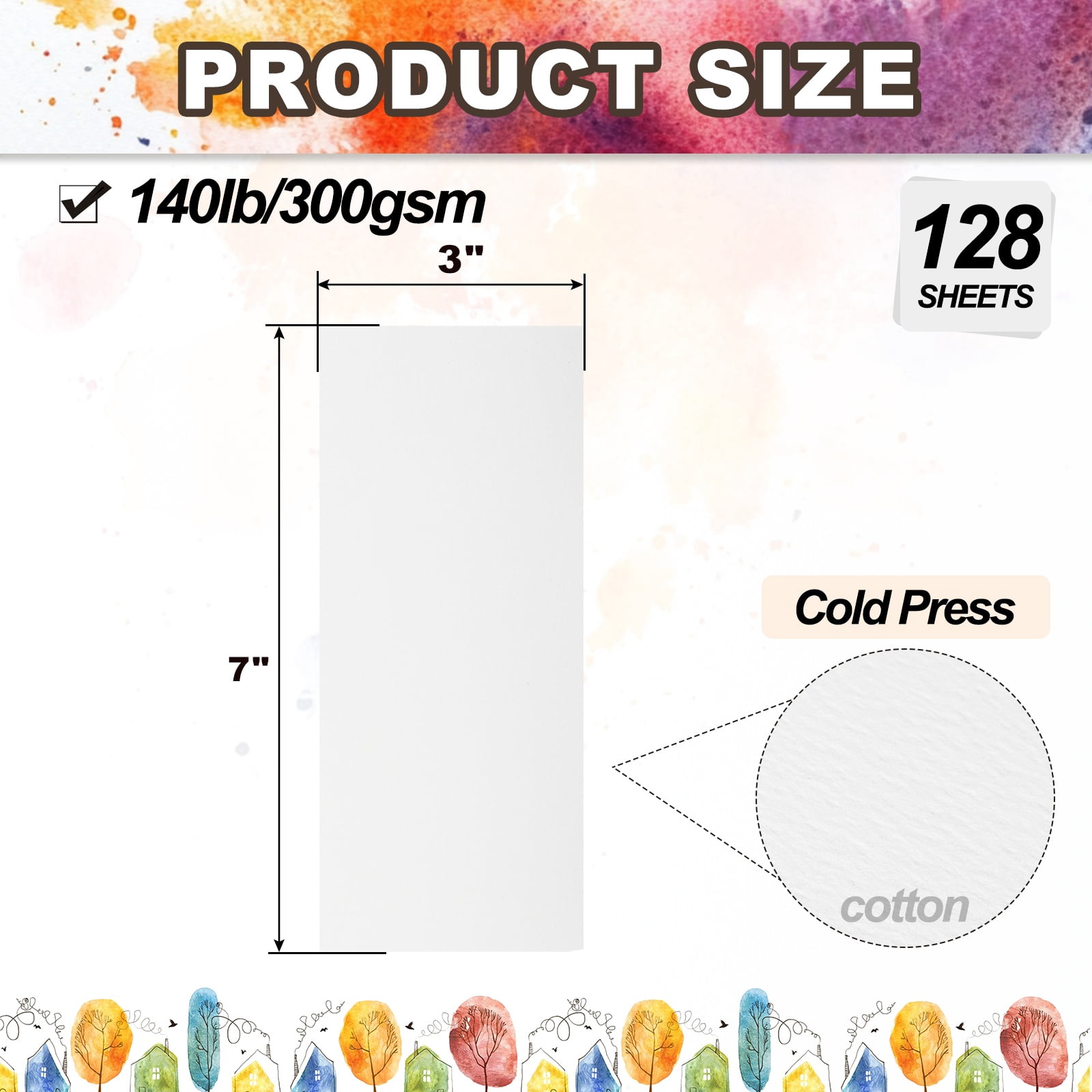 Uxcell 128 Sheets Cotton Watercolor Paper 140lb/300 GSM Paint Paper 3x7 Inch